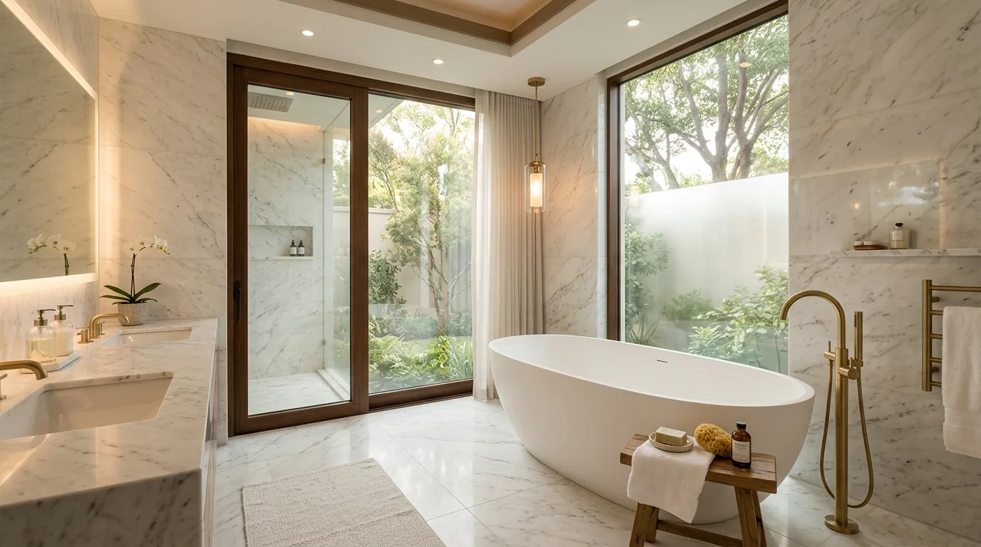 Bathroom with oversized mirror and continuous tile surface