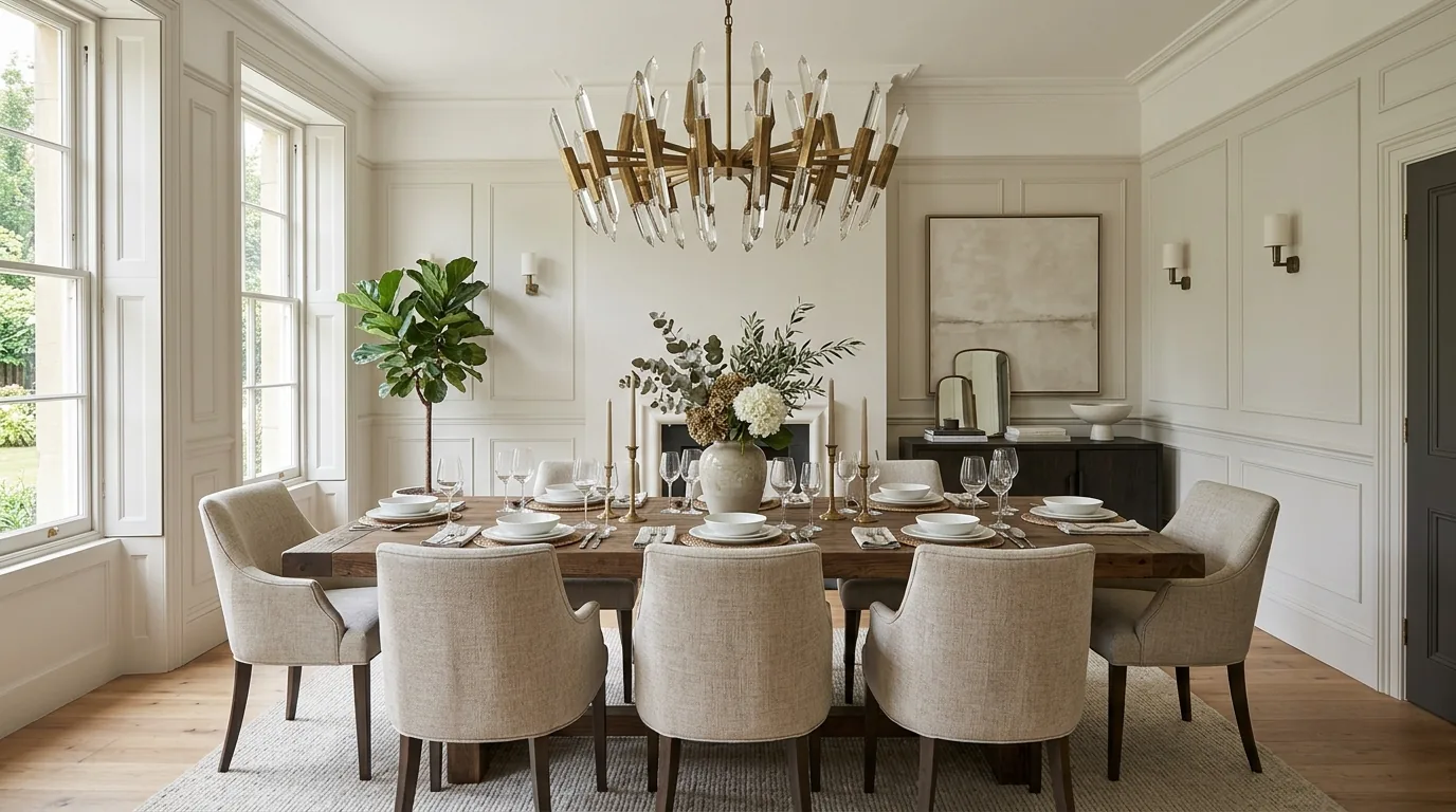 Dining room with oversized floral arrangement and statement pendant