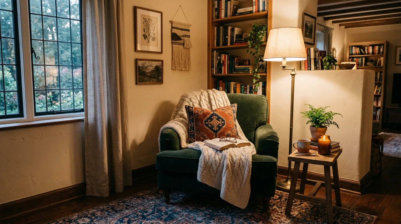 Home office with built-in shelving and clean styling rhythm