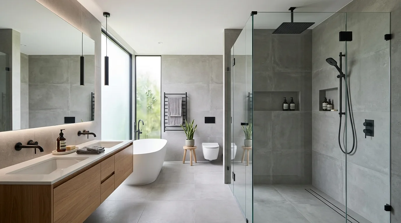 Double vanity with warm wood cabinetry and backlit mirrors