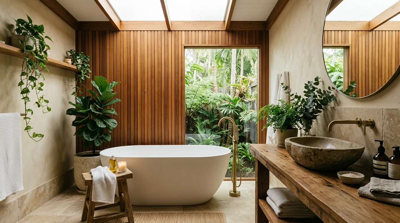 Luxury bathroom with linen tower storage and uncluttered counters