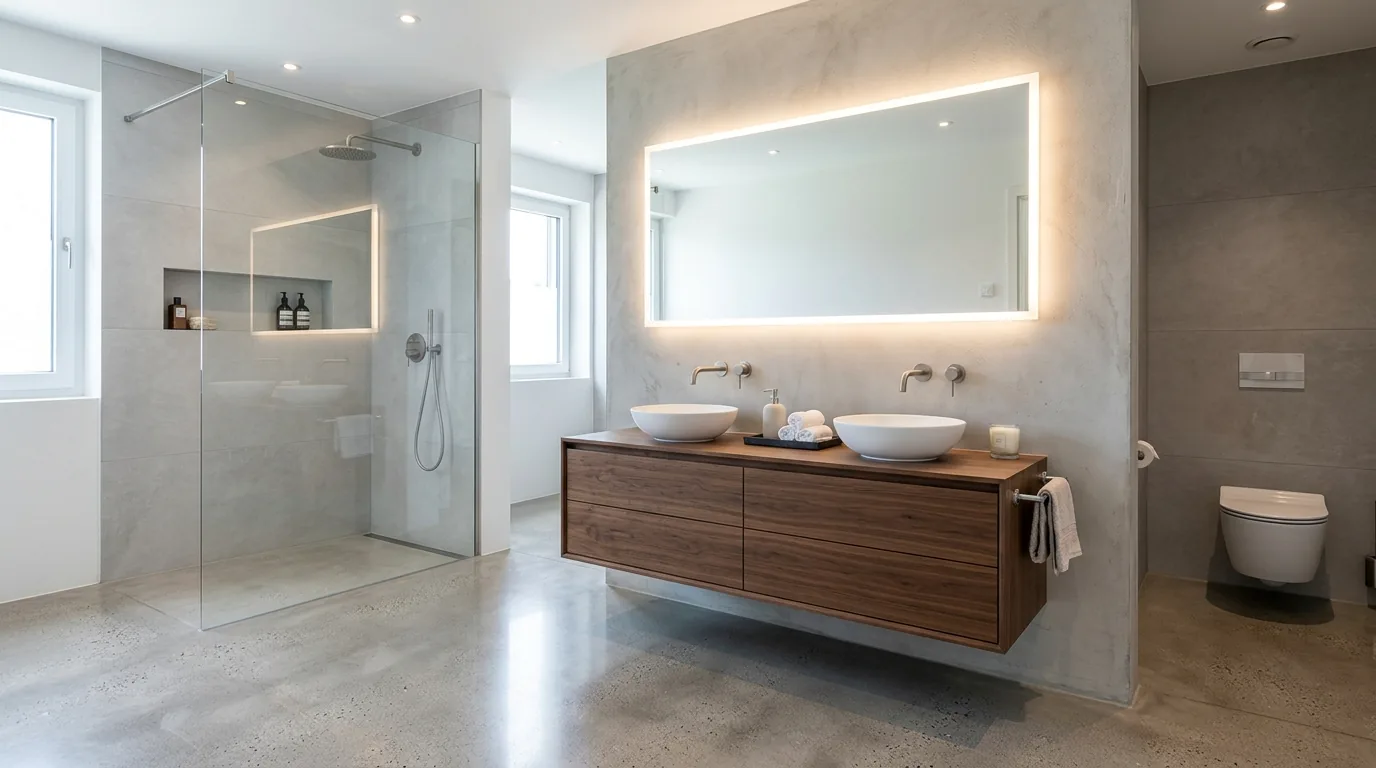 Pale marble-look bathroom with brass fixtures and tailored sconces