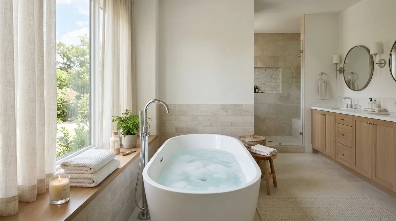 Modern master bath with floating vanity and under-cabinet glow
