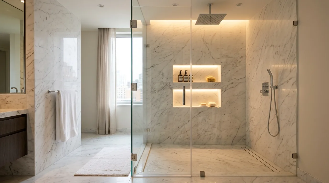 Spa bathroom with integrated niche shelving and thick glass enclosure