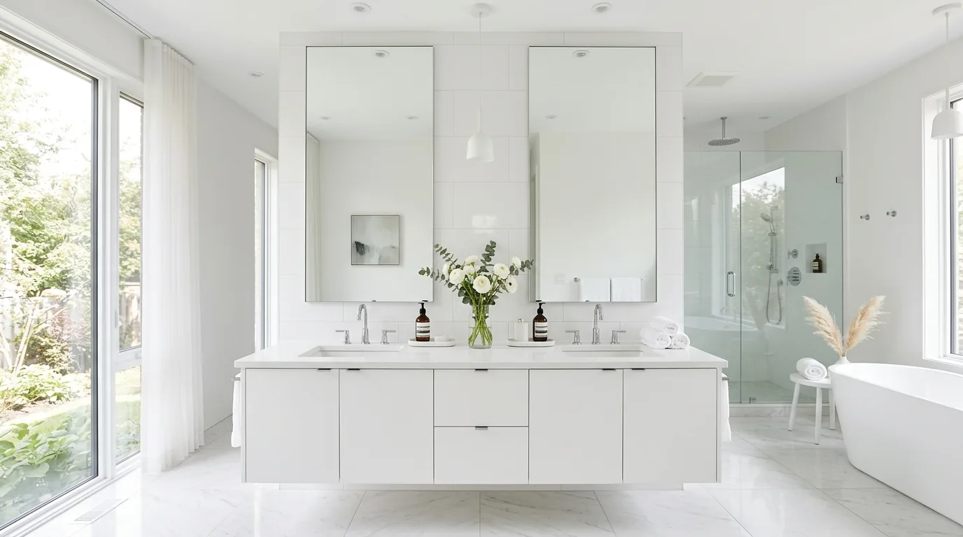 Moody bathroom with dark stone surfaces and candlelit shelf styling
