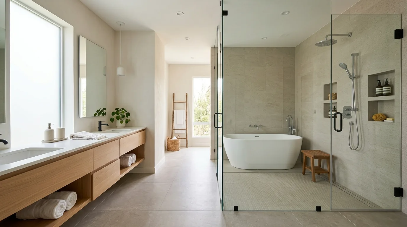 Classic bathroom with paneled vanity and polished nickel details
