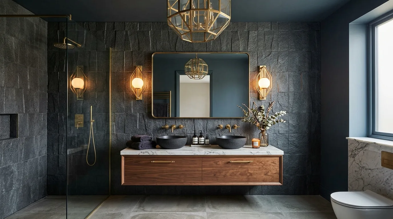 Heated floor bathroom concept with plush towels and soft lighting