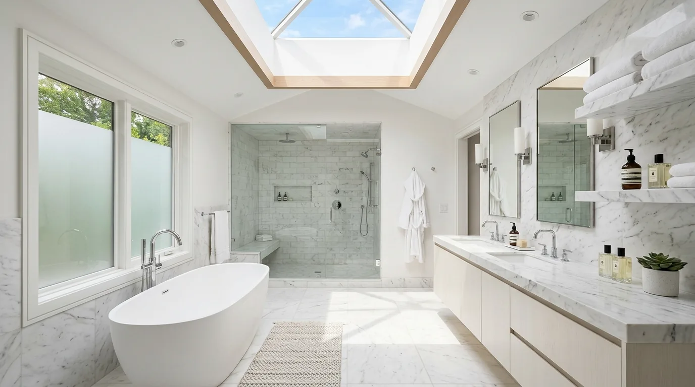 Cinematic luxury bathroom with layered stone