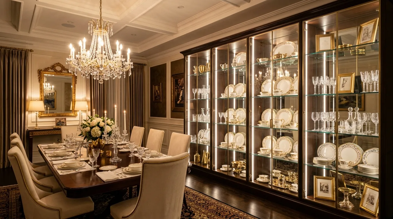 Kitchen glass cabinet with favorite serving pieces and soft interior lighting