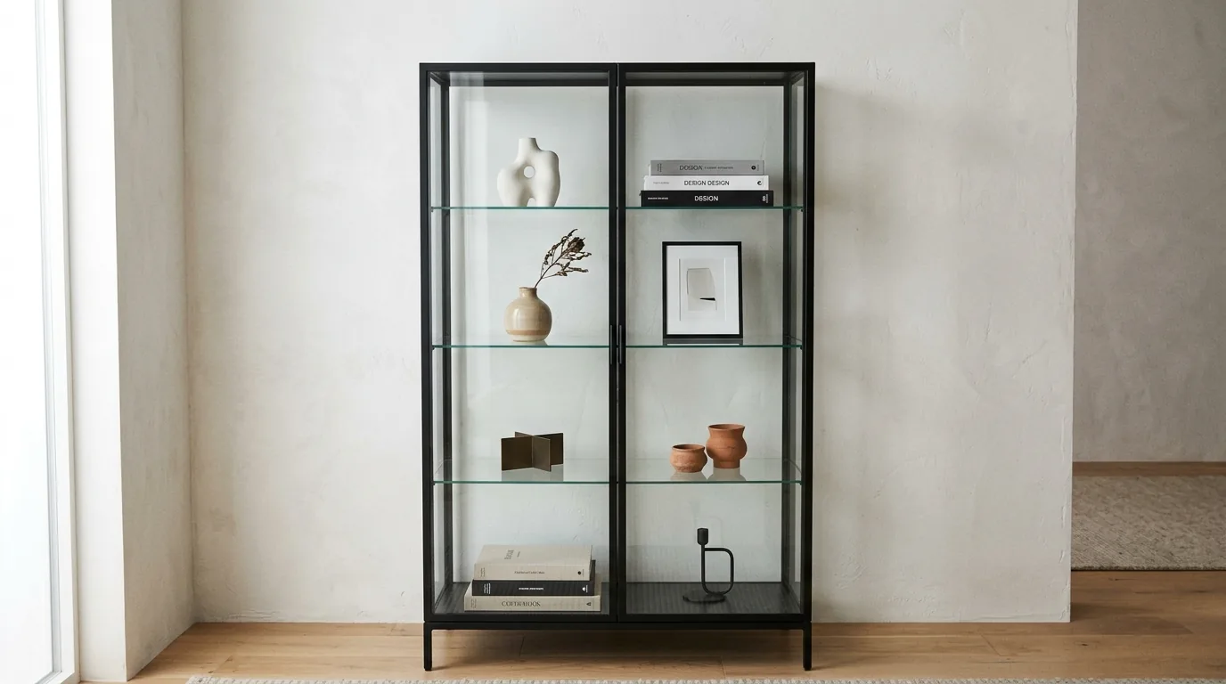 Hallway display cabinet with antique objects and sculptural bowls
