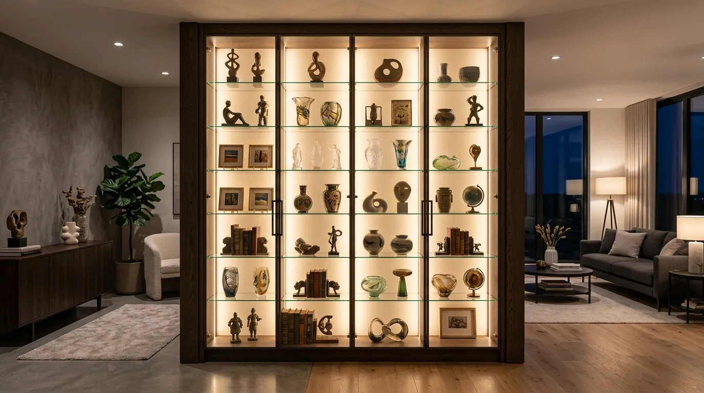 Modern black glass cabinet with collectibles arranged by tone and scale