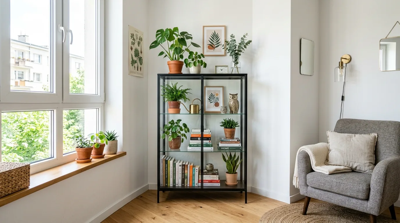 Small apartment glass hutch with barware and art books
