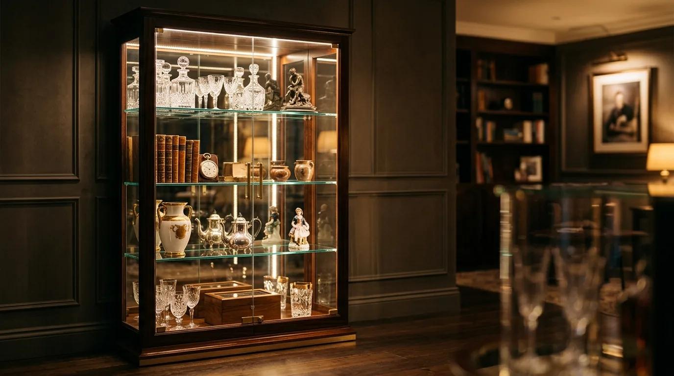 Coastal display cabinet with pale wood frame and shell collection