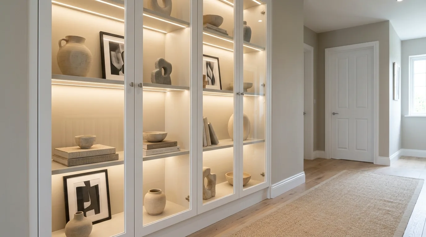 Luxury cabinet wall with stone base and glass uppers