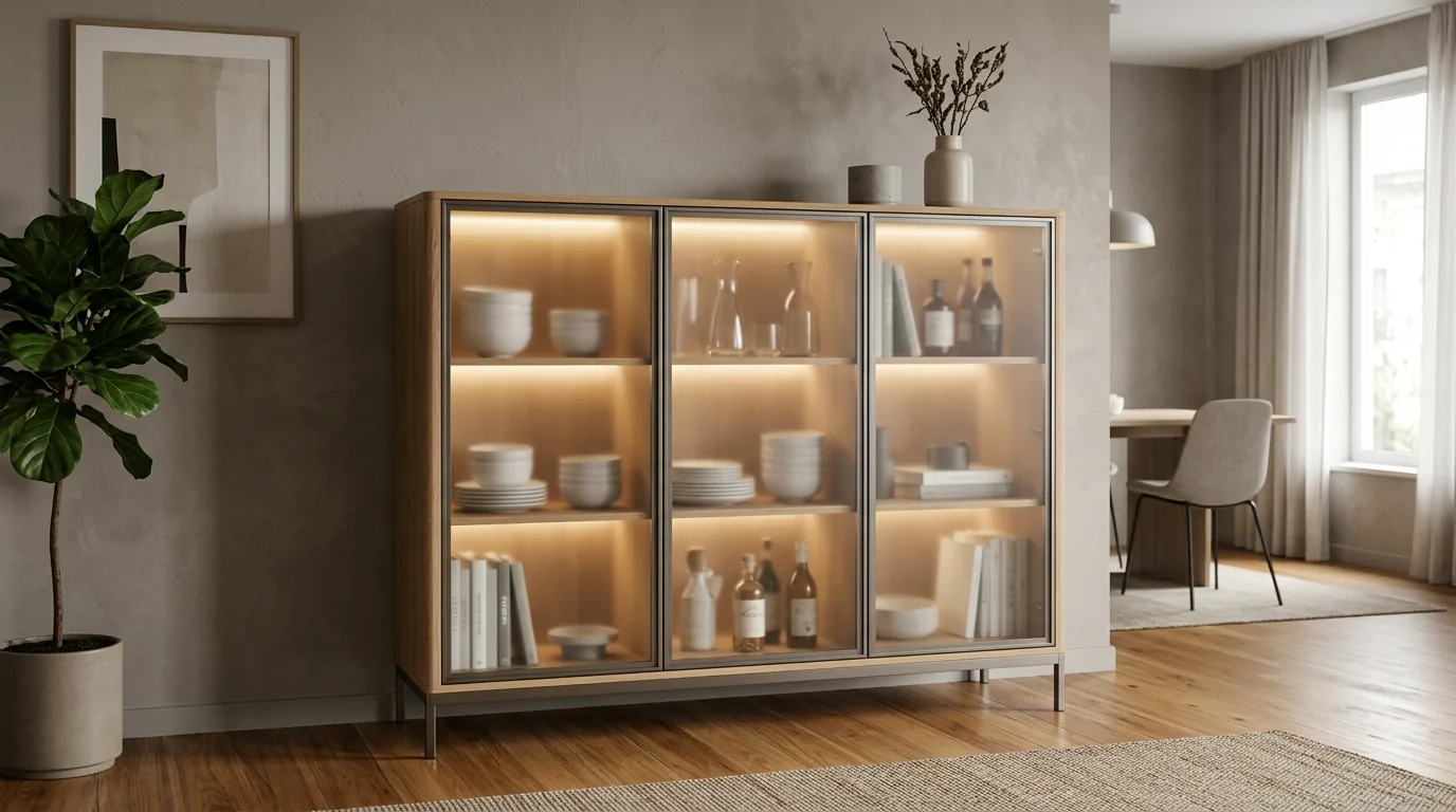 Entry cabinet with framed glass doors and travel keepsakes
