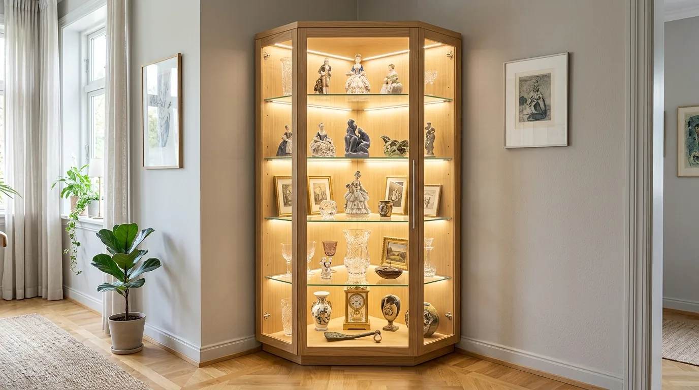 Minimal dining space with slim glass cabinet and curated neutral objects