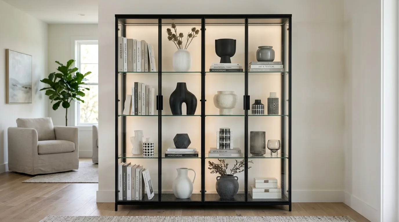 Built-in library cabinet combining glass and closed storage