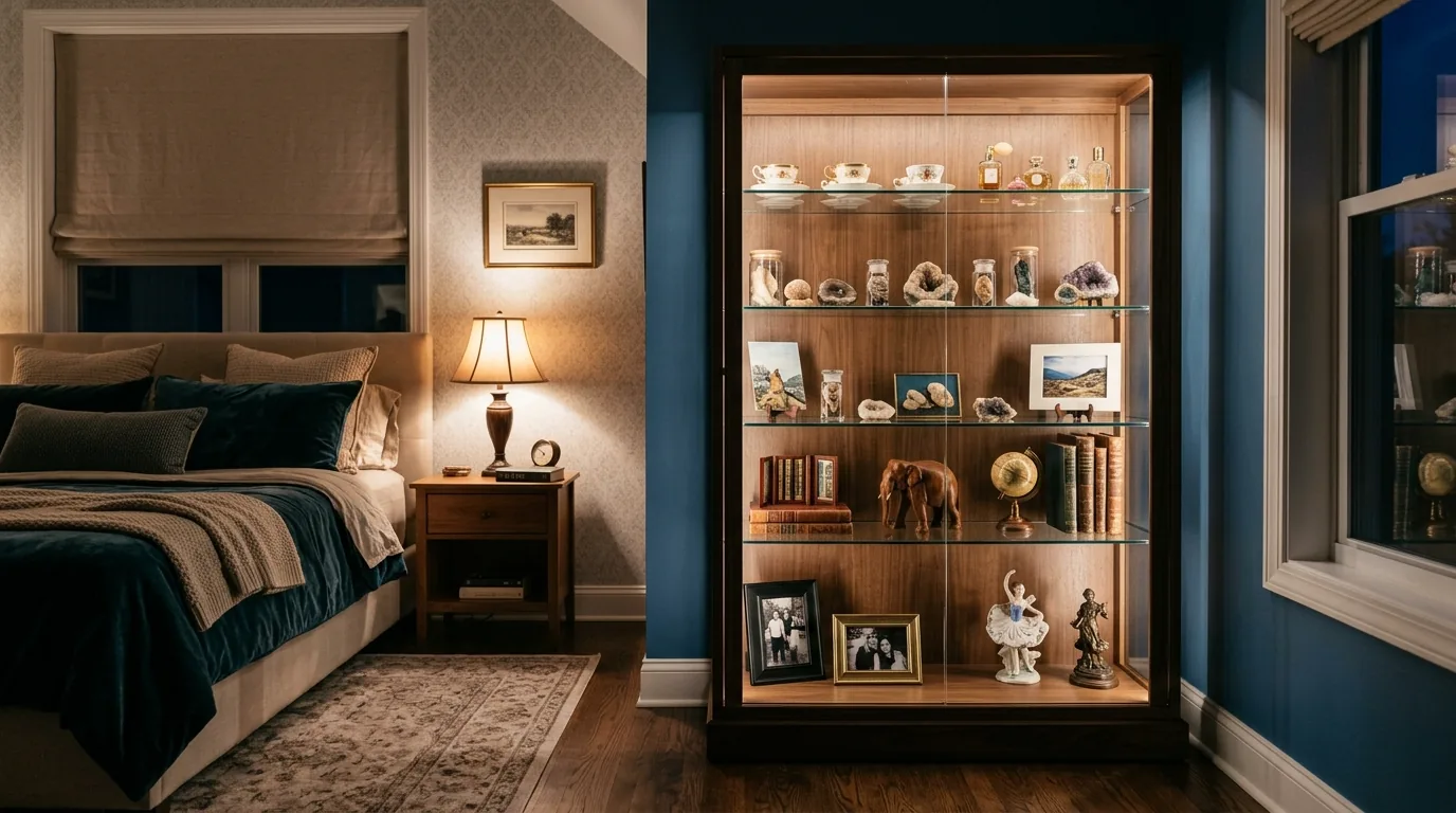 Cinematic illuminated glass cabinet with treasured collections arranged in quiet layers