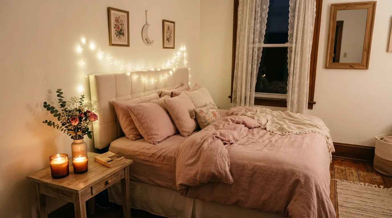 Dining table set for Valentine's dinner with layered linens