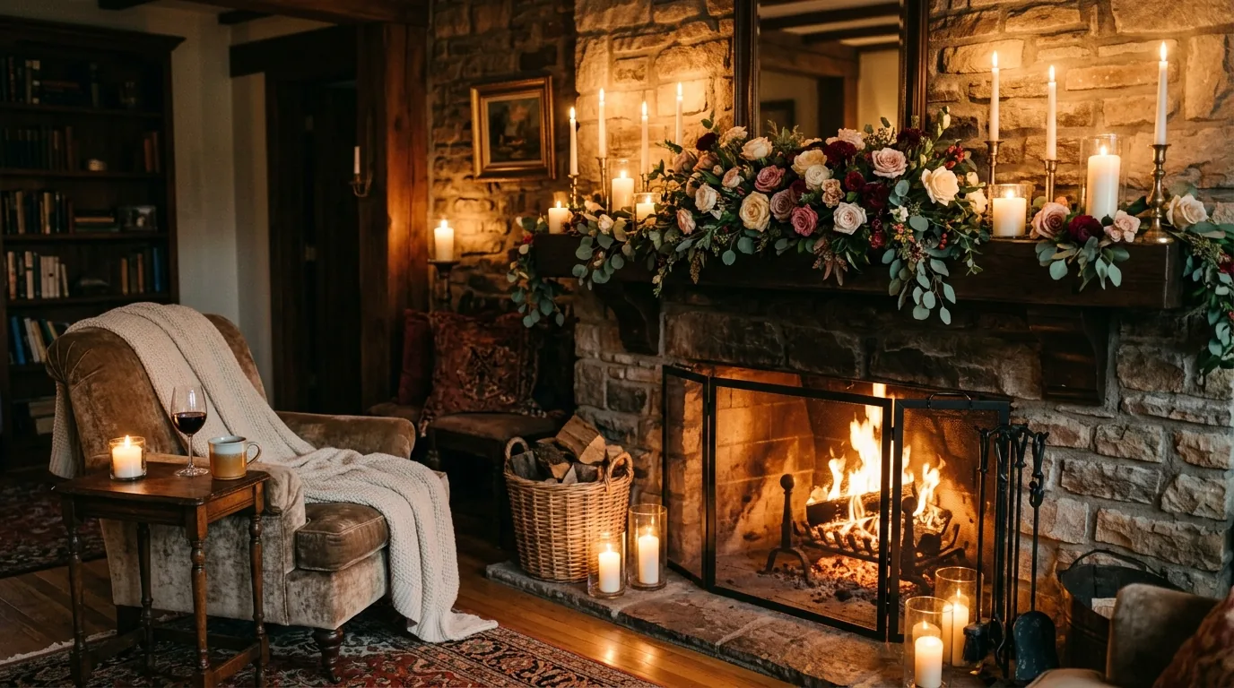 Bathroom vanity styled with roses
