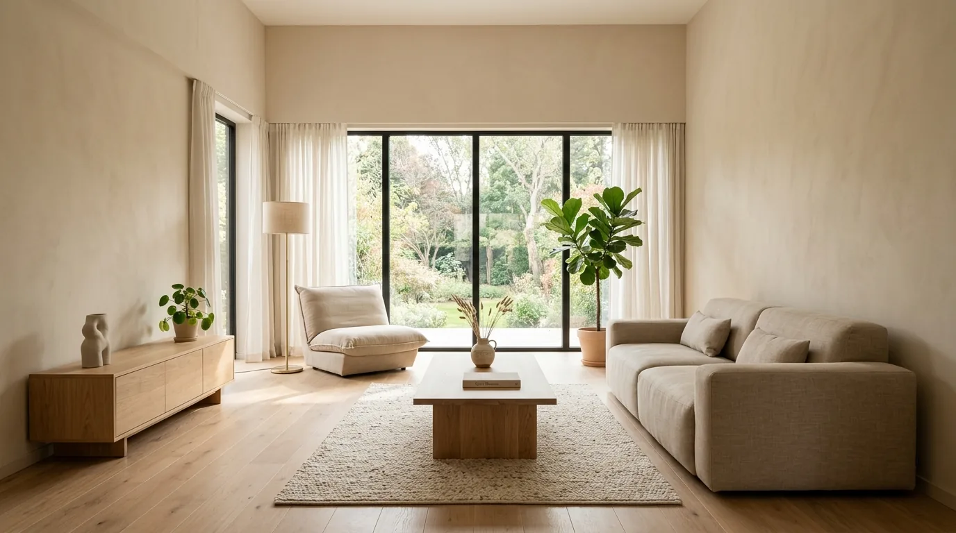 Serene room with pale oak furniture and muted layered textiles