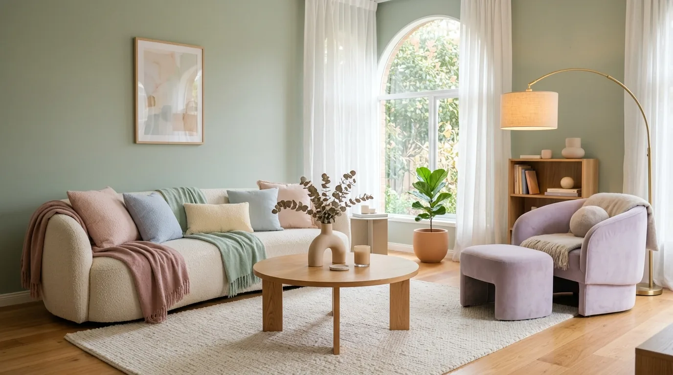 Minimal living room with low storage and one sculptural vase