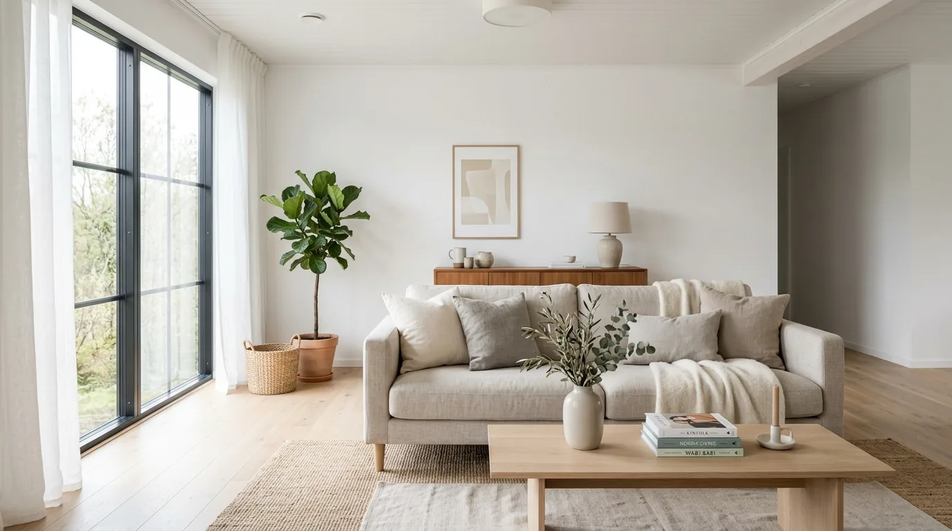 Living room with layered neutral rug and soft greenery