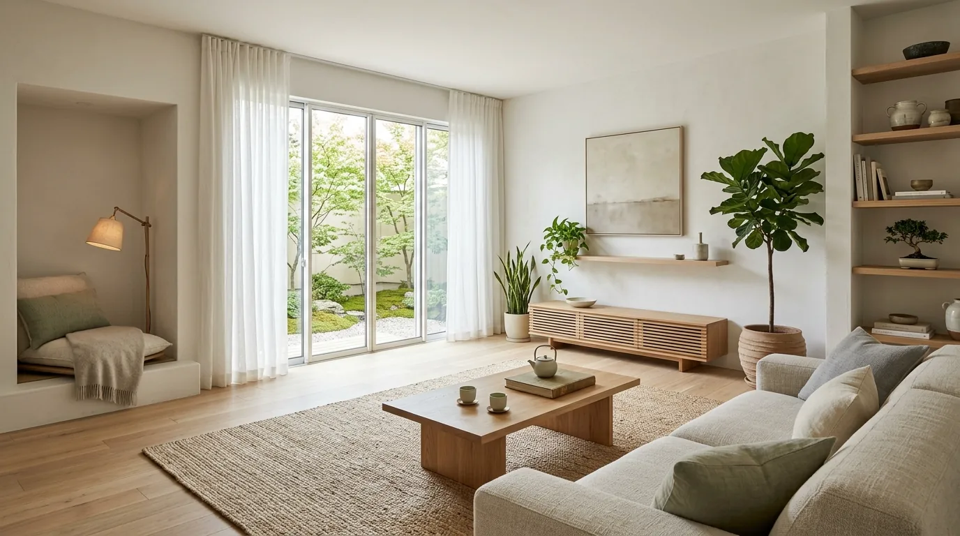Open-plan living area with thoughtfully zoned seating and hidden storage