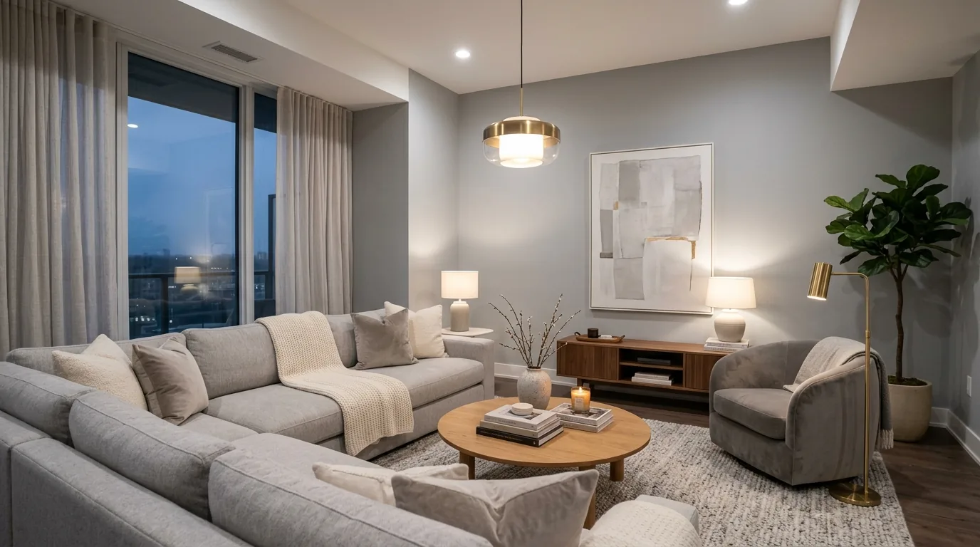 Farmhouse-inspired lounge with slipcovered furniture and simple ceramics