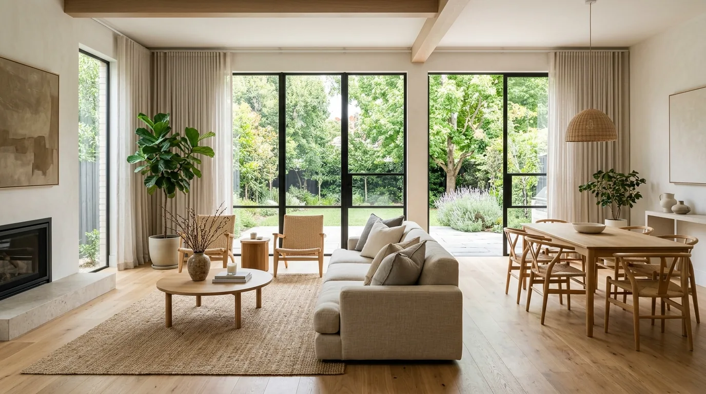 Luxury serene living room with tailored upholstery and soft stone surfaces