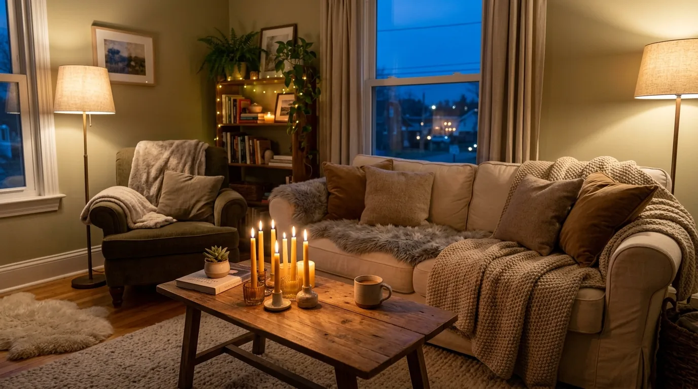 Cinematic sanctuary room with layered lighting