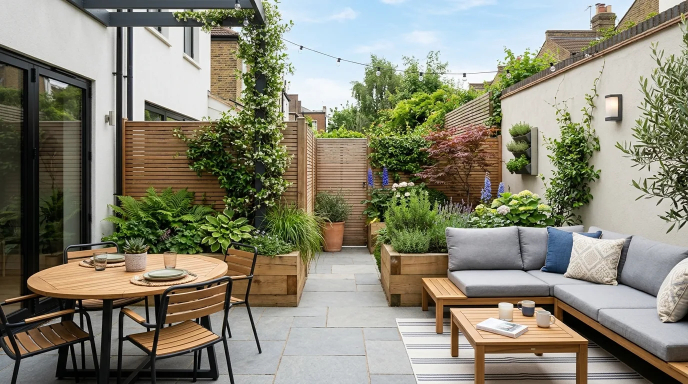 Deck with pergola and retractable shade panels