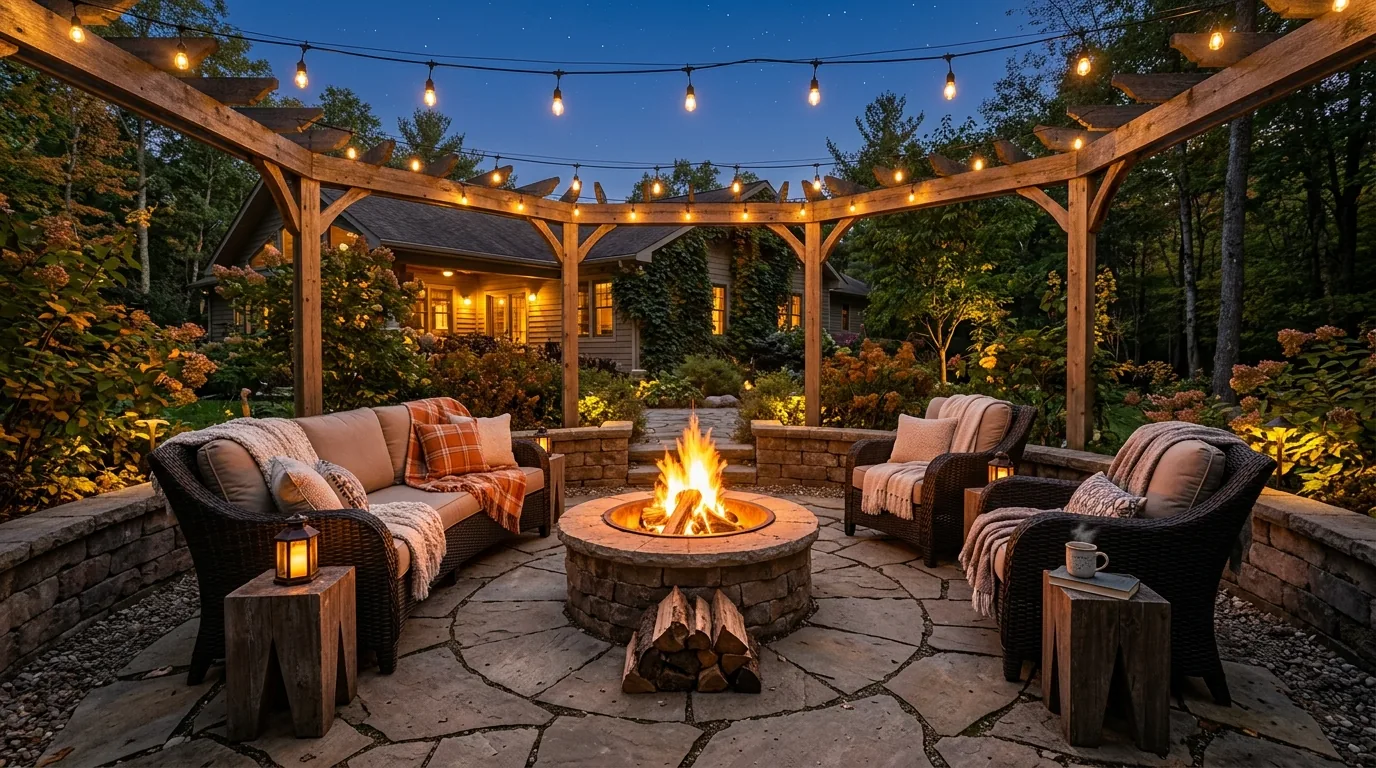 Backyard lounge with fire pit and layered throws