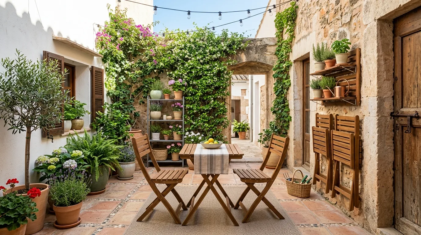 Modern patio with built-in heaters and sectional seating