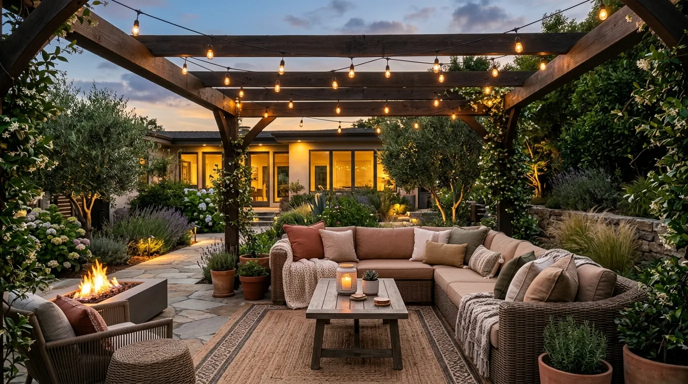 Outdoor kitchen with covered prep counter and bar stools