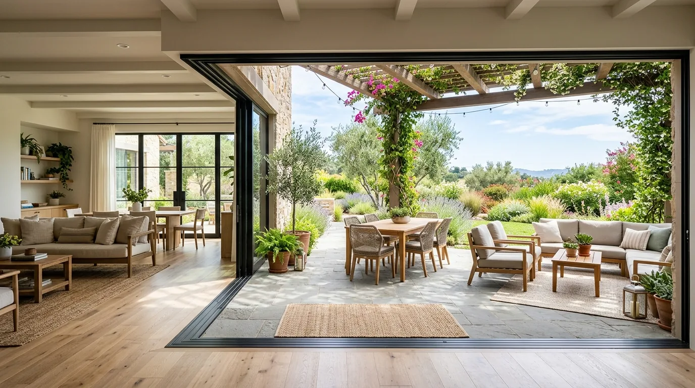 Courtyard with layered planters and weather-resistant lanterns