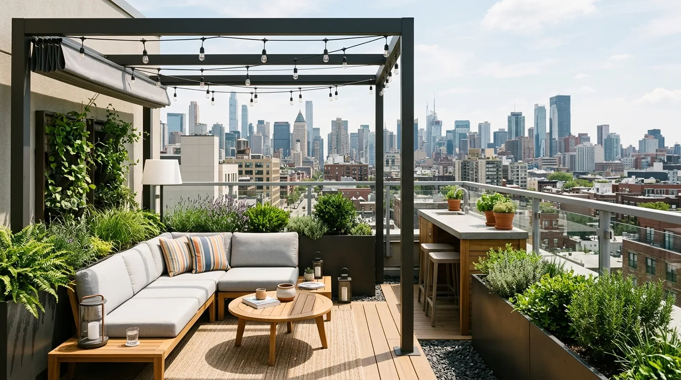 Cinematic outdoor living space with pergola