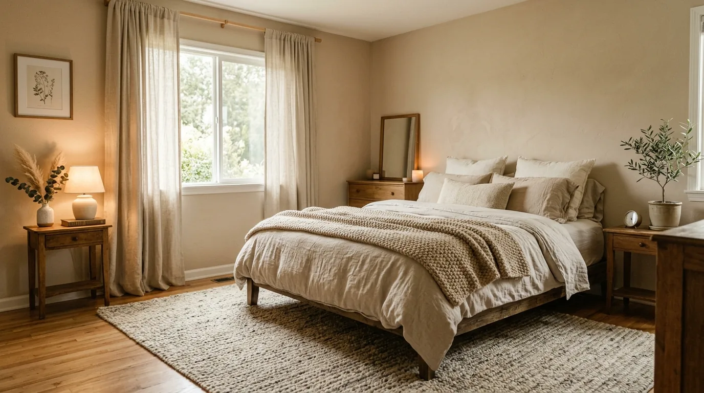 Cozy sleep space with warm wood nightstands and dim table lamps