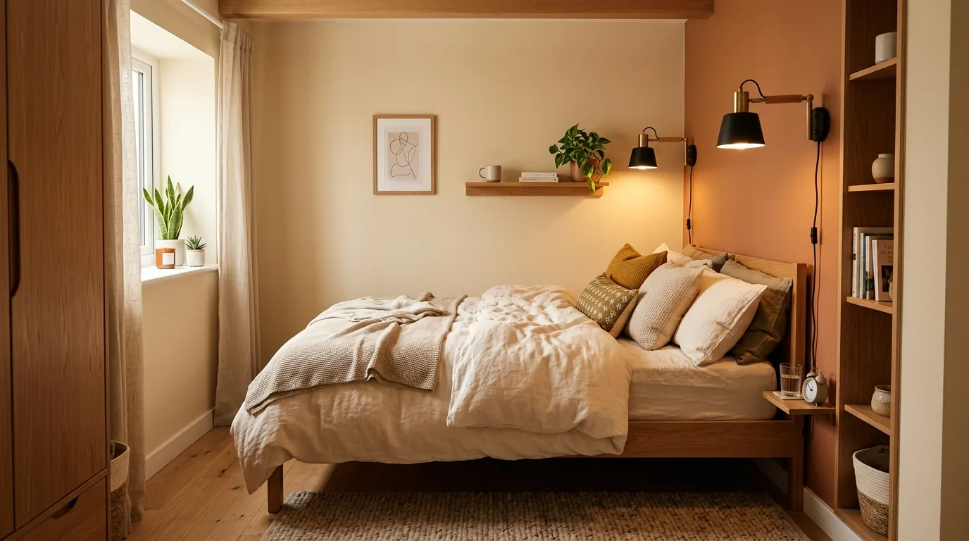 Small bedroom with thick knit throw and soft neutral rug