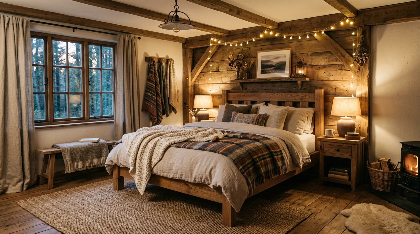 Moody bedroom with charcoal walls and amber bedside glow