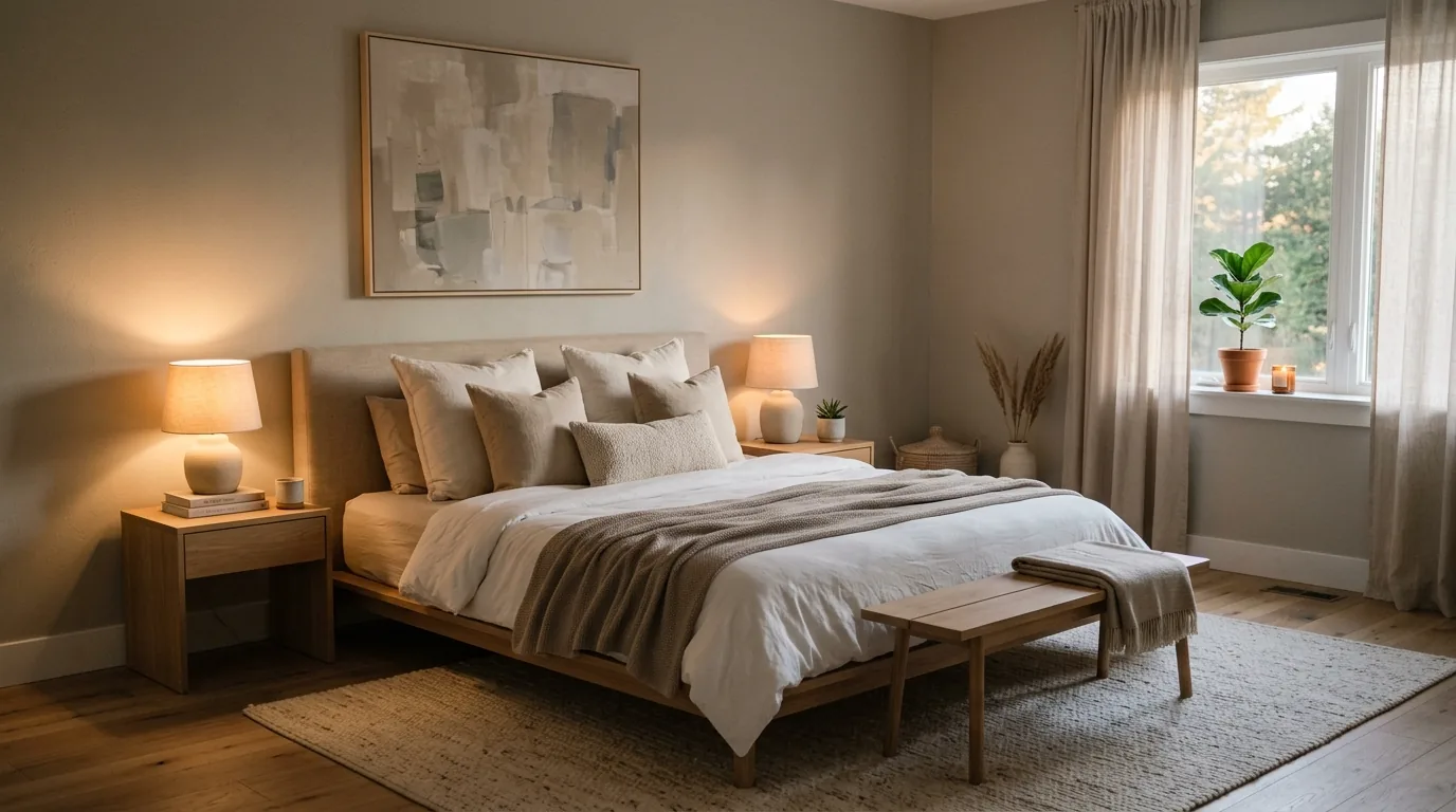 Scandinavian bedroom with pale textiles and blackout curtains