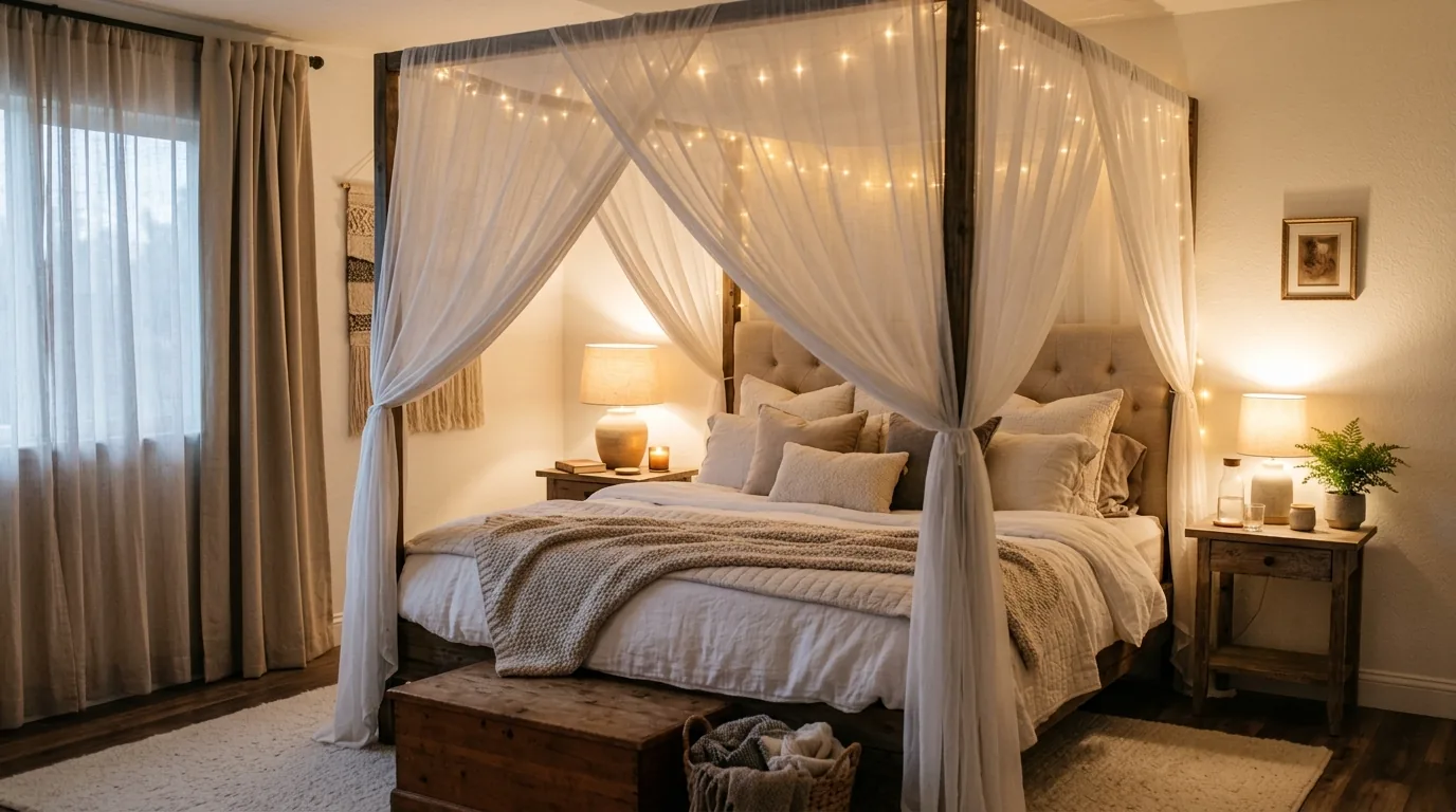 Bed nook with canopy drape and plush pillows