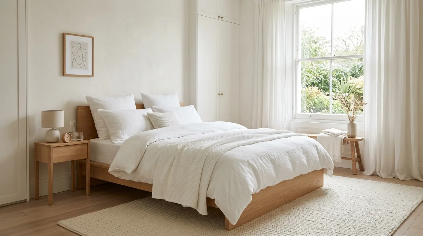 Modern cozy bedroom with bench at foot of bed and warm layered lighting