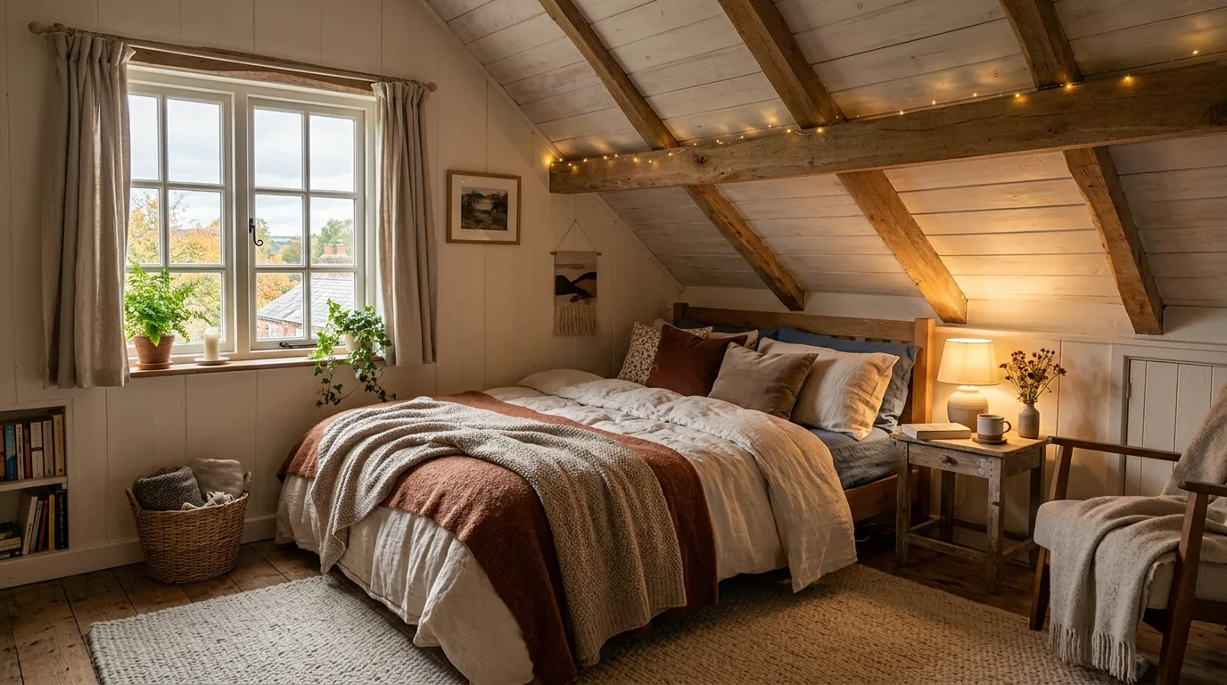 Farmhouse-style bedroom with quilted bedding and vintage wood dresser