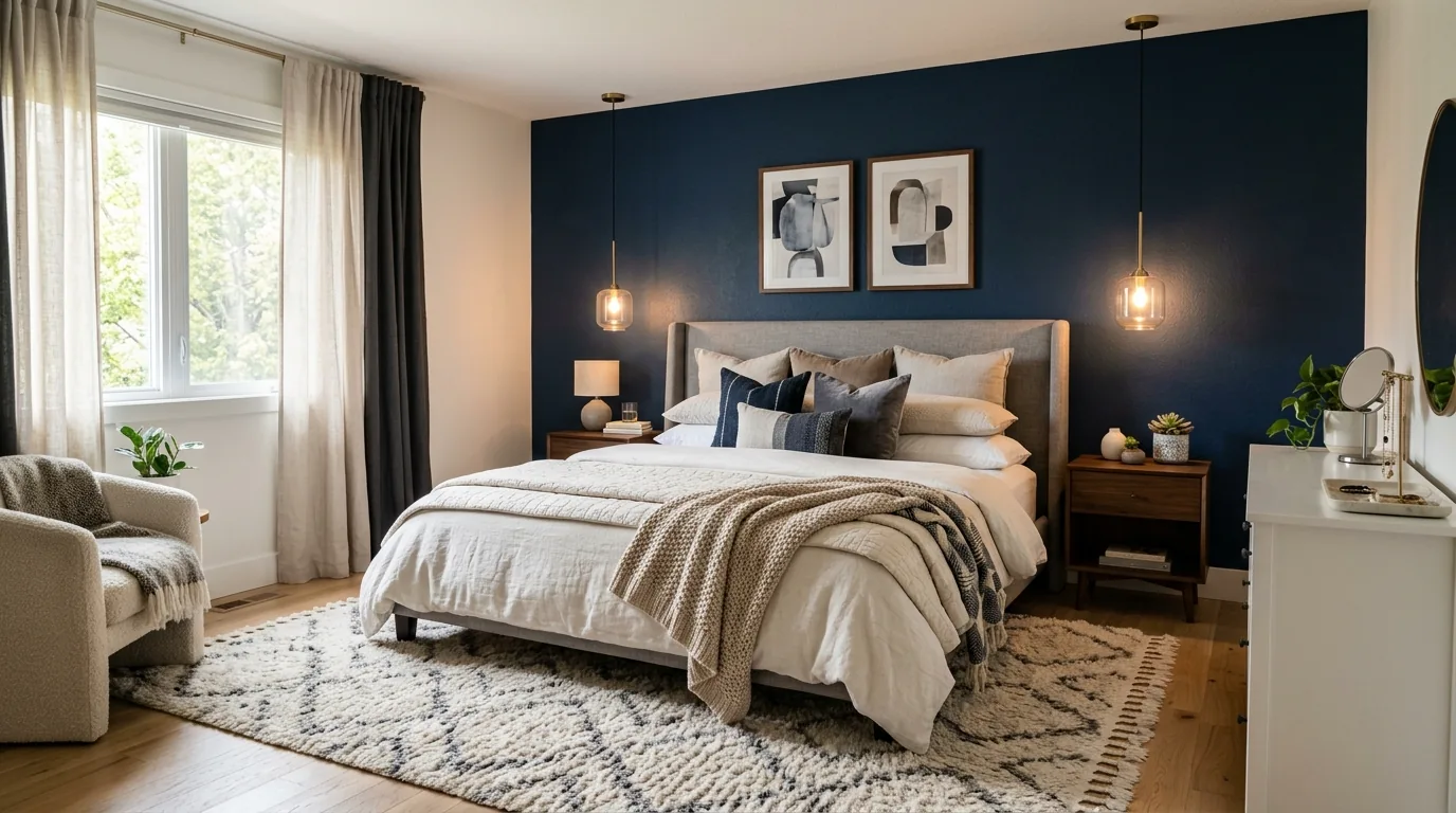 Coastal bedroom with soft blue accents and airy white bedding