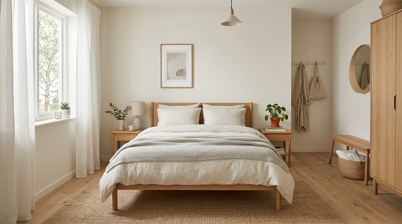 Reading corner in bedroom with armchair and floor lamp