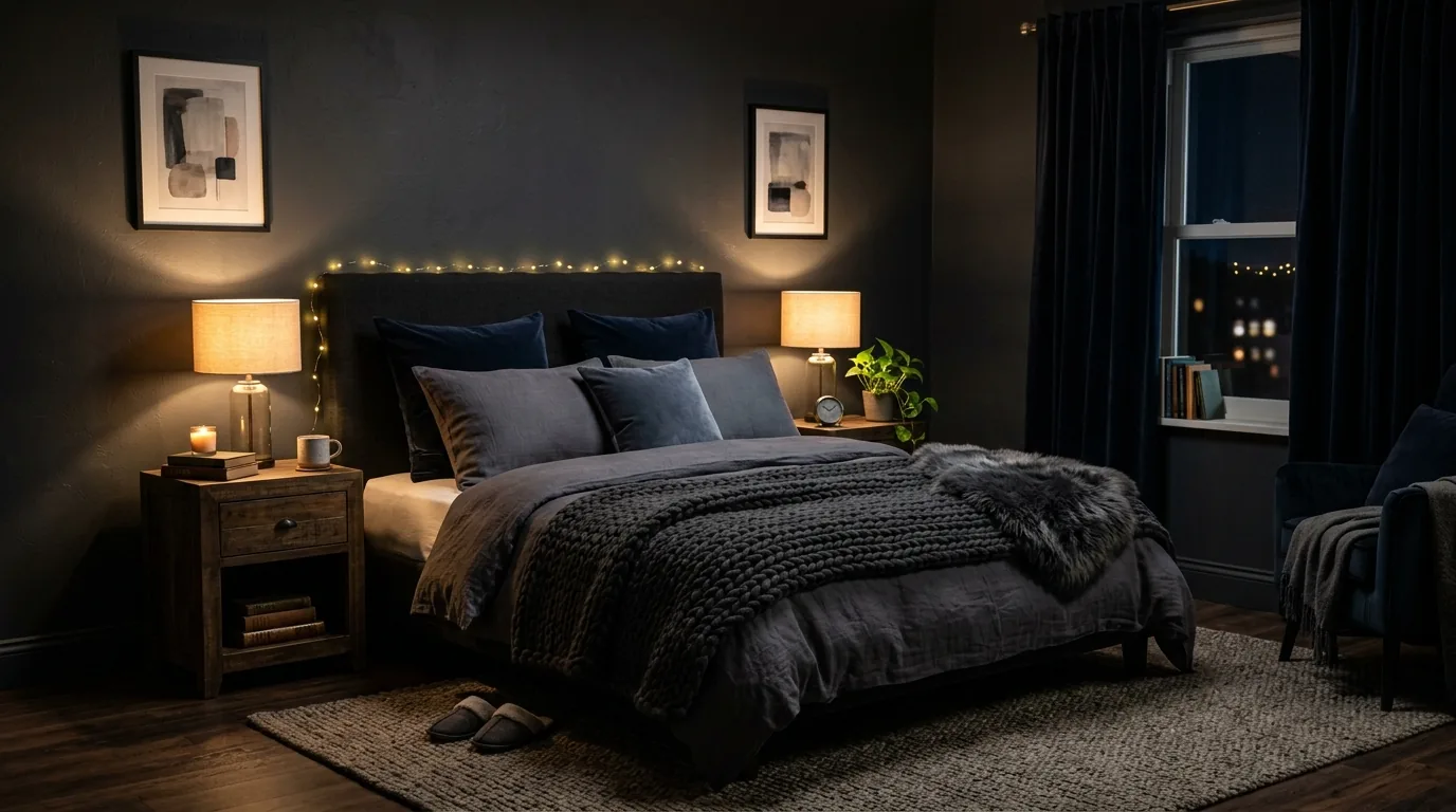 Minimal room with tone-on-tone bedding and hidden storage
