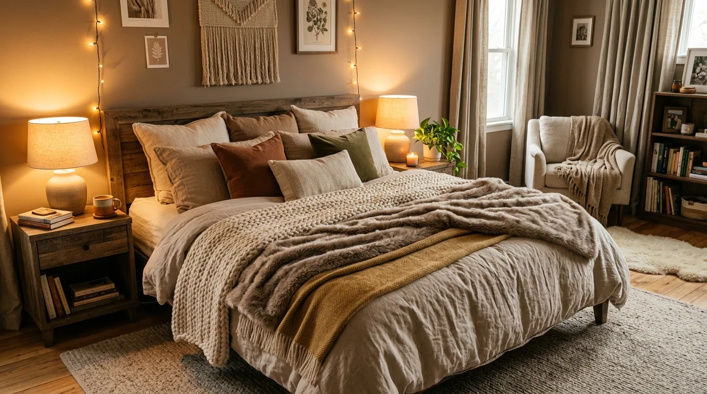Attic bedroom with low sloped ceiling and layered textiles