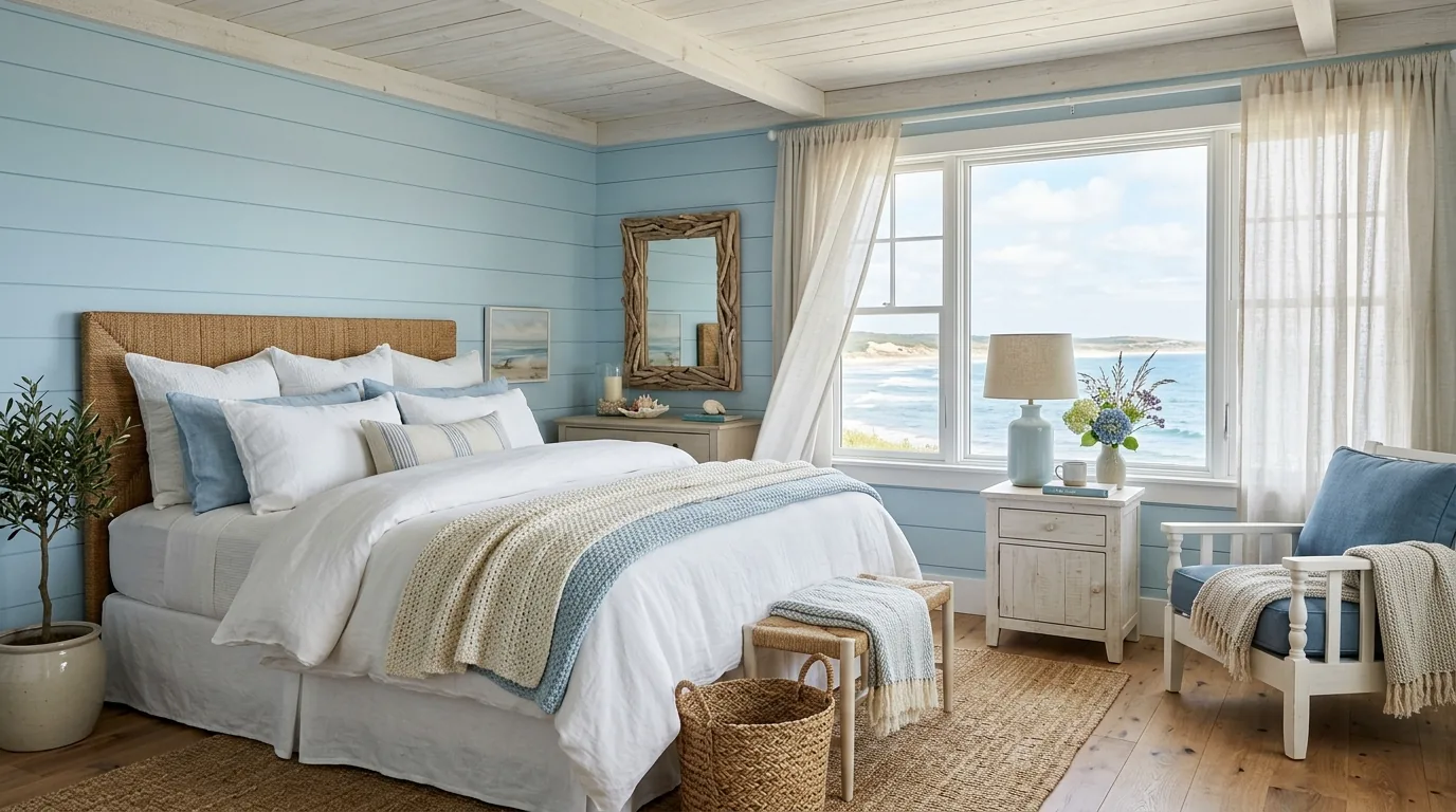 Guest bedroom with extra blanket basket and blackout drapes