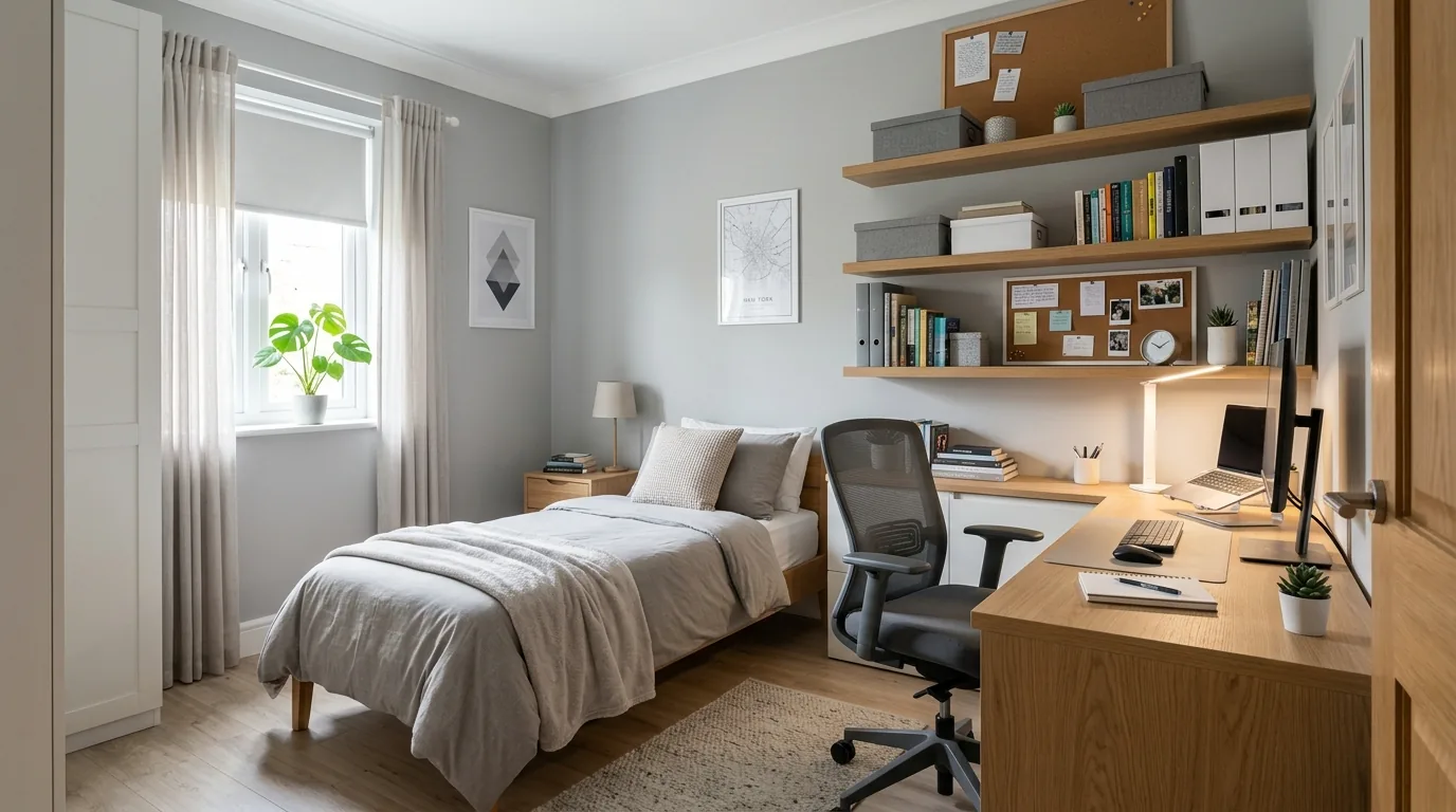 Cozy teen bedroom with layered pillows and pegboard wall